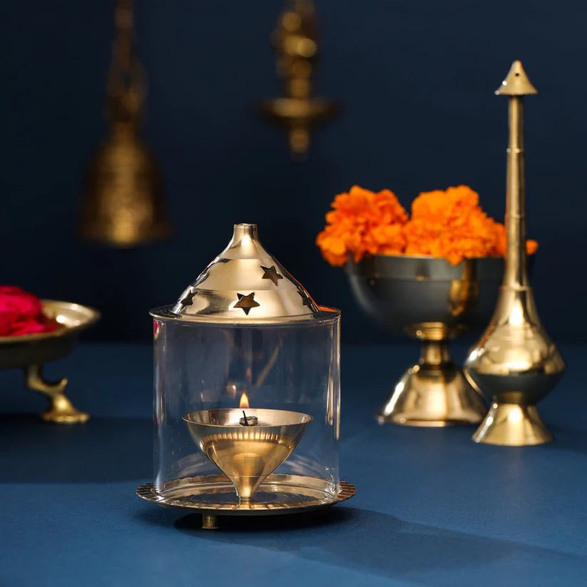 Brass Akhand Diya with Borosilicate Glass for Puja Home Temple Oil Lamp Tea Holder